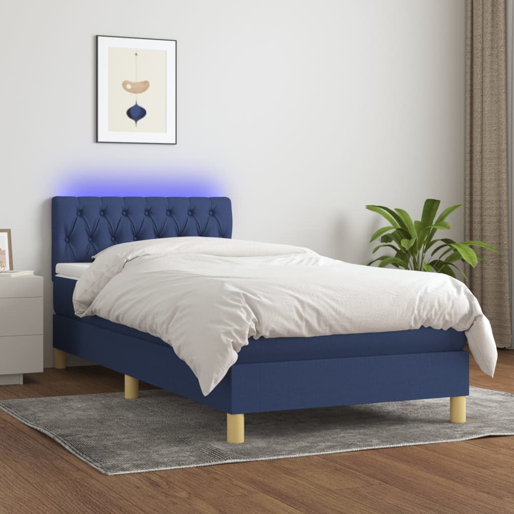 Κρεβάτι Boxspring με Στρώμα & LED Μπλε 90x200 εκ. Υφασμάτινο
