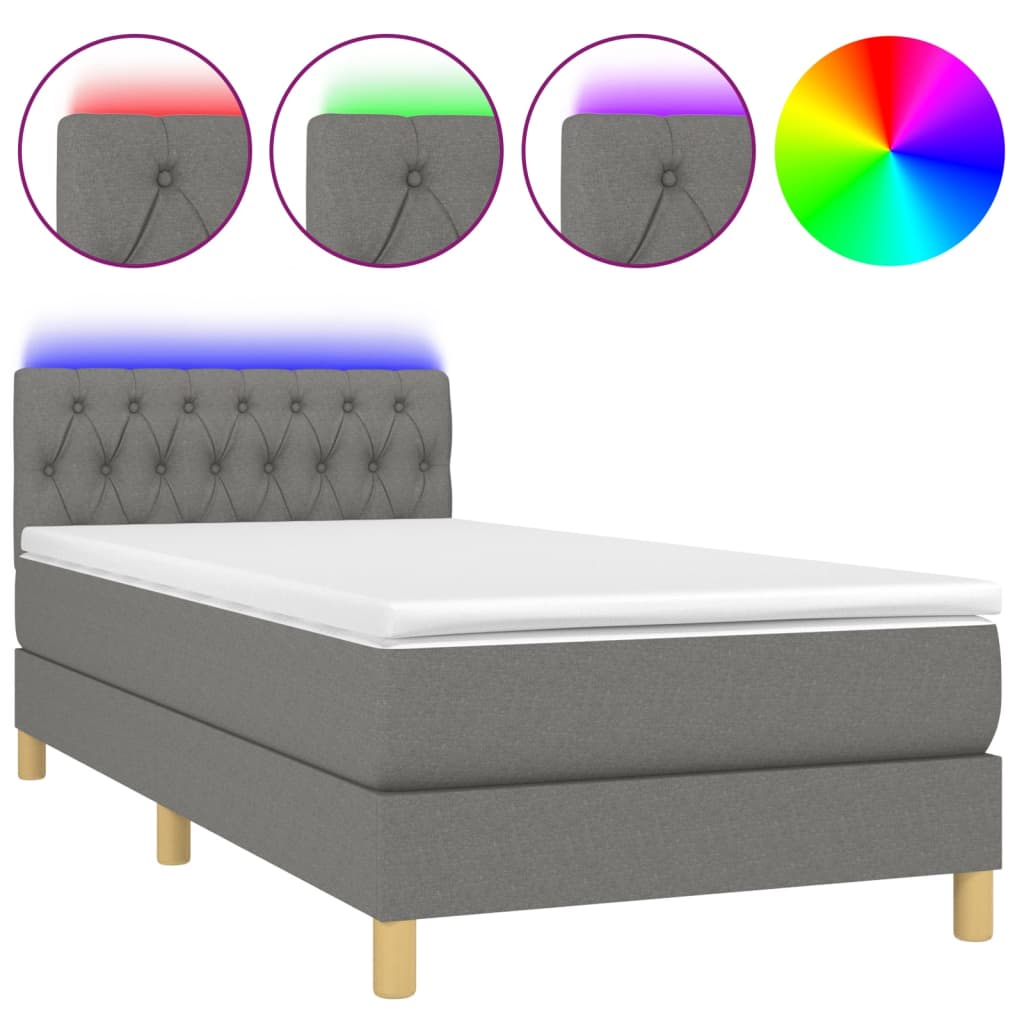 Κρεβάτι Boxspring με Στρώμα & LED Σκ.Γκρι 100x200 εκ Υφασμάτινο