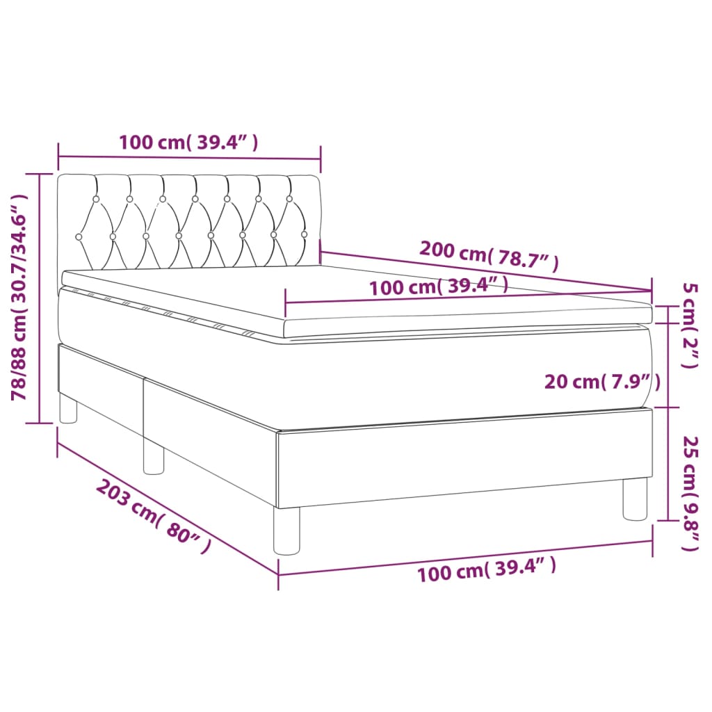 Κρεβάτι Boxspring με Στρώμα & LED Κρεμ 100x200 εκ. Υφασμάτινο