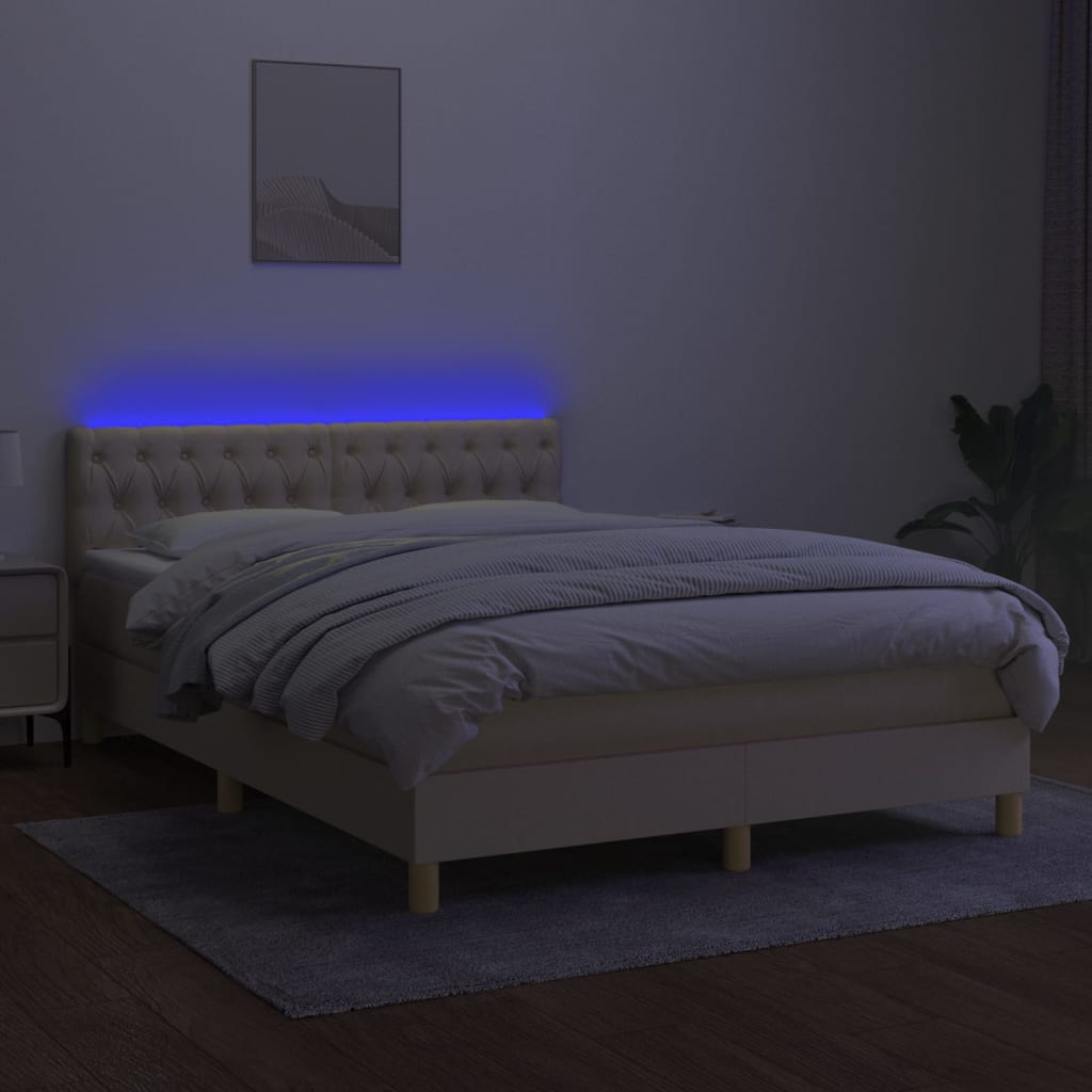 Κρεβάτι Boxspring με Στρώμα & LED Κρεμ 140x190 εκ. Υφασμάτινο - Pakobazaar