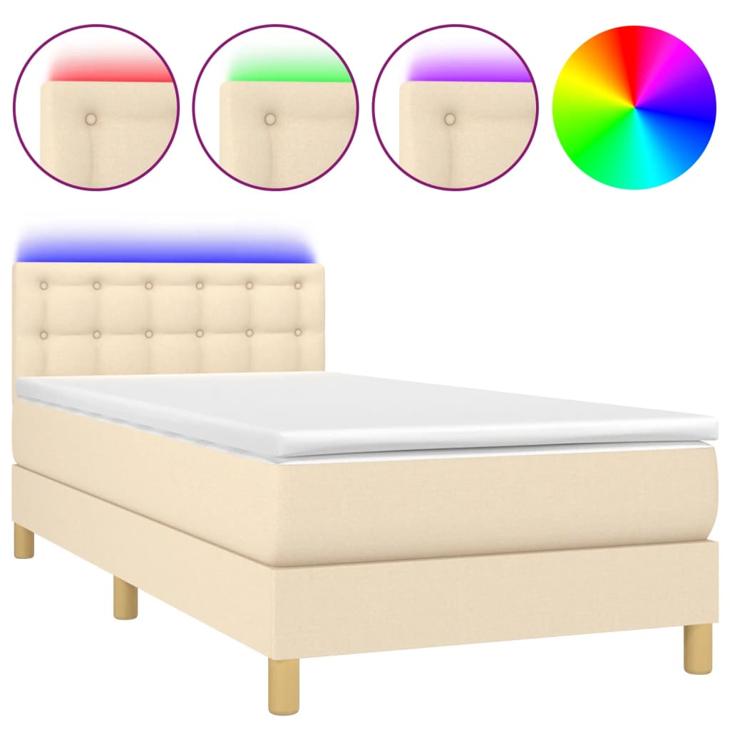 Κρεβάτι Boxspring με Στρώμα & LED Κρεμ 90x190 εκ. Υφασμάτινο