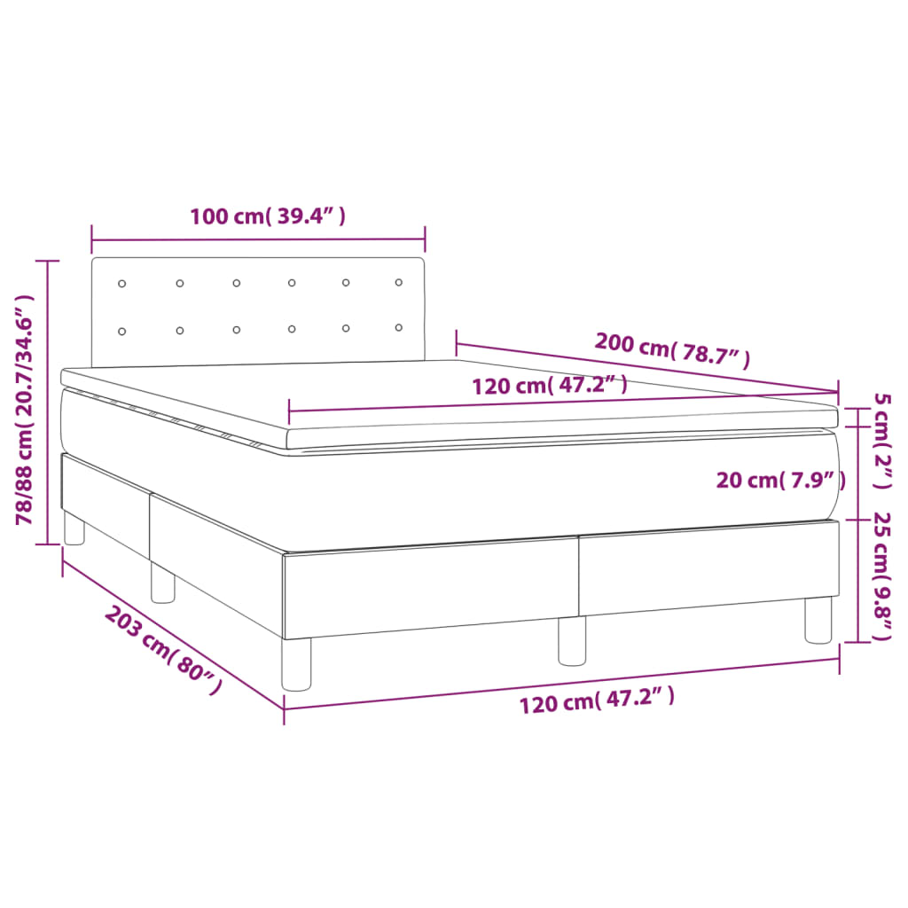Κρεβάτι Boxspring με Στρώμα & LED Σκ.Γκρι 120x200 εκ Υφασμάτινο