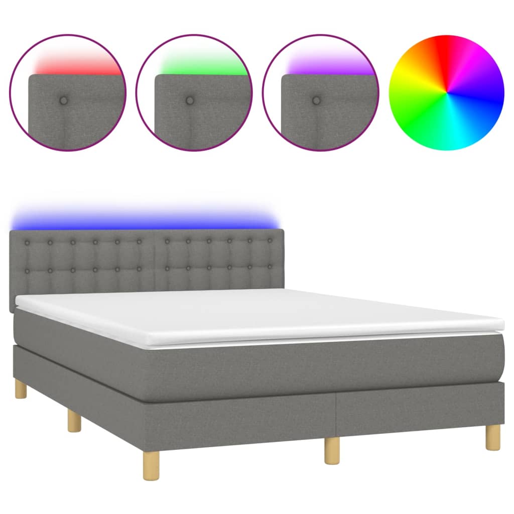 Κρεβάτι Boxspring με Στρώμα & LED Σκ.Γκρι 140x190 εκ Υφασμάτινο