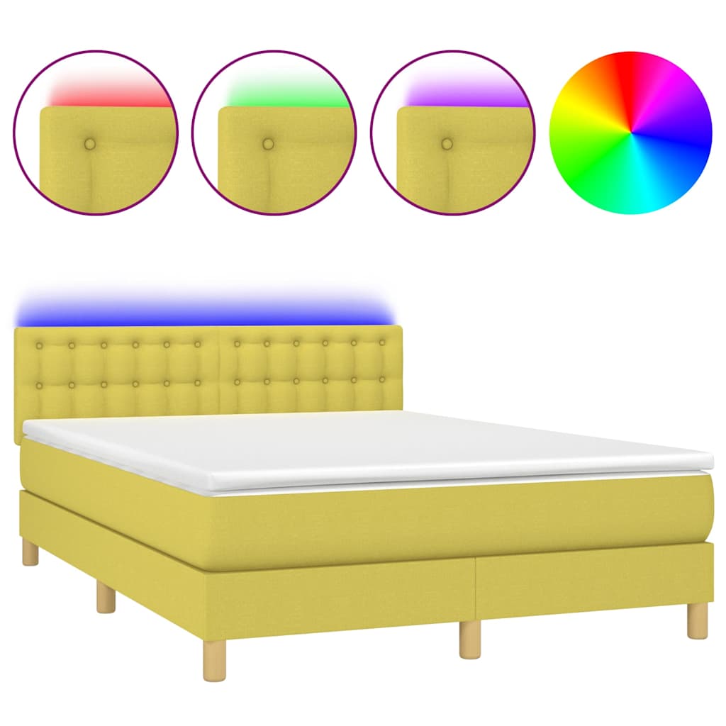 Κρεβάτι Boxspring με Στρώμα & LED Πράσινο 140x190 εκ Υφασμάτινο