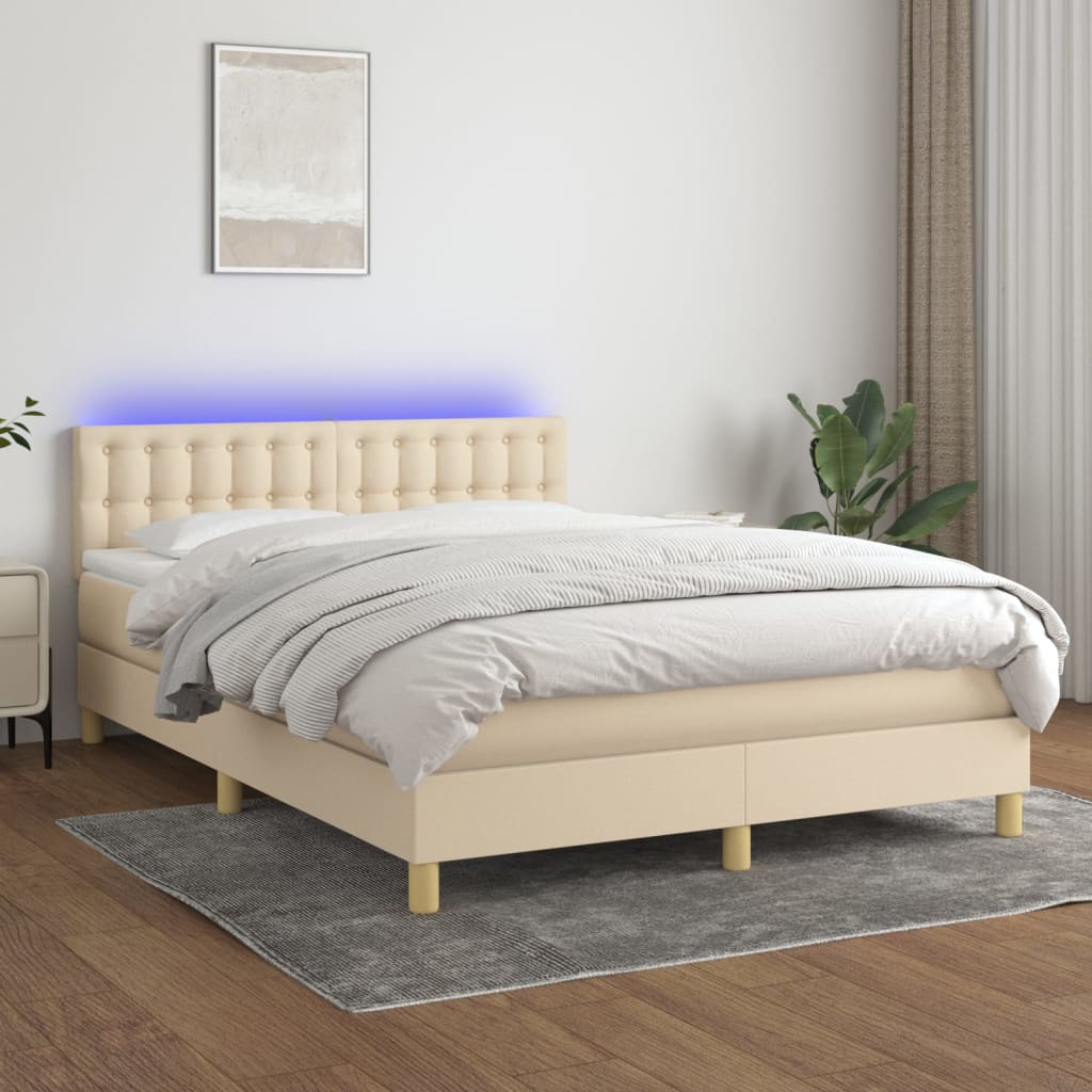 Κρεβάτι Boxspring με Στρώμα & LED Κρεμ 140x200 εκ. Υφασμάτινο - Pakobazaar