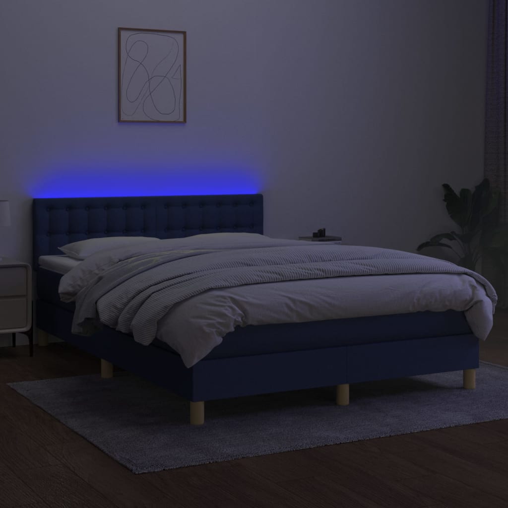 Κρεβάτι Boxspring με Στρώμα & LED Μπλε 140x200 εκ. Υφασμάτινο - Pakobazaar