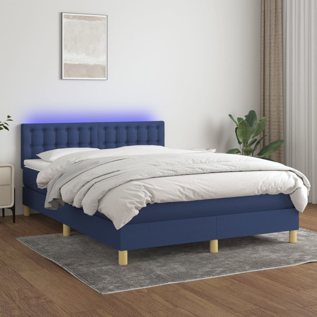 Κρεβάτι Boxspring με Στρώμα & LED Μπλε 140x200 εκ. Υφασμάτινο - Pakobazaar