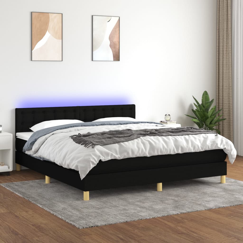 Κρεβάτι Boxspring με Στρώμα & LED Μαύρο 180x200 εκ. Υφασμάτινο - Pakobazaar
