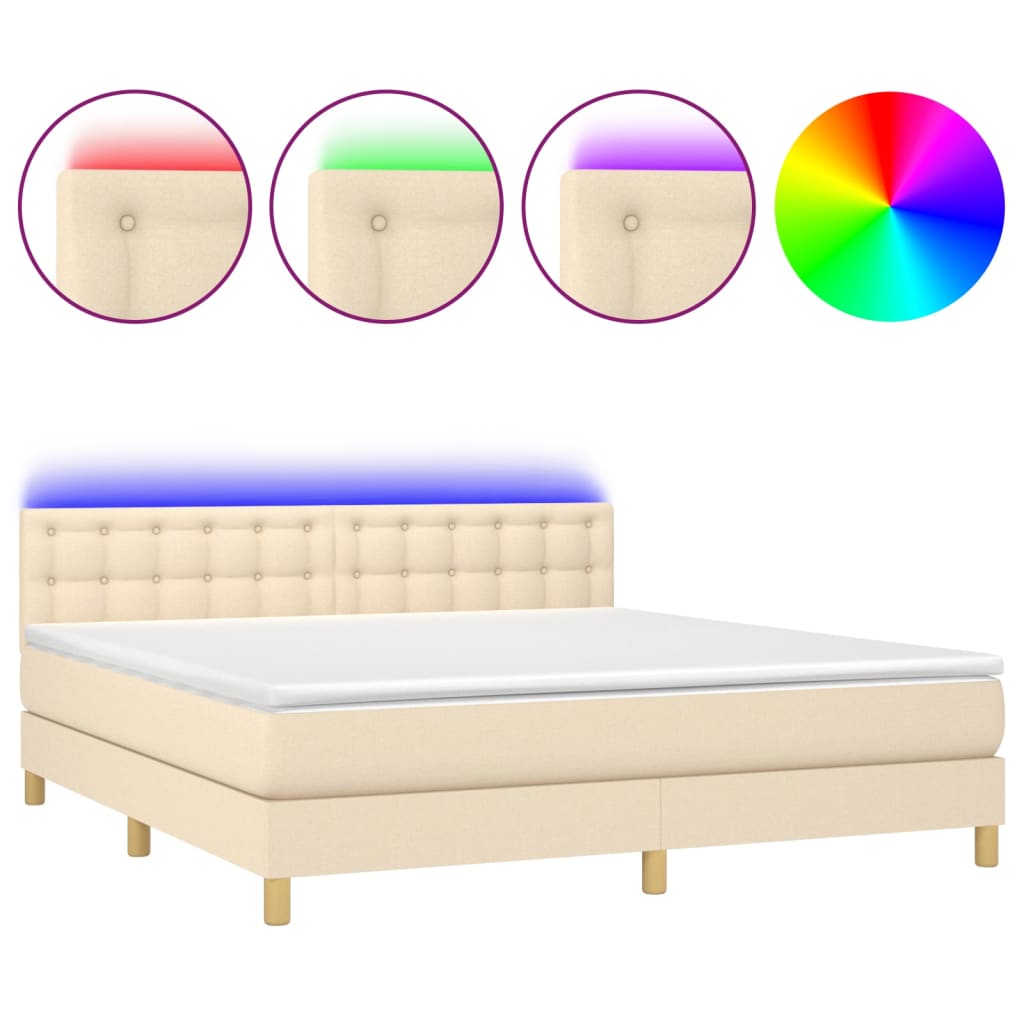Κρεβάτι Boxspring με Στρώμα & LED Κρεμ 180x200 εκ. Υφασμάτινο