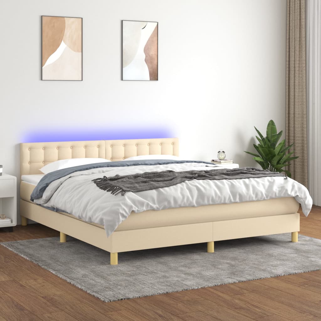 Κρεβάτι Boxspring με Στρώμα & LED Κρεμ 180x200 εκ. Υφασμάτινο