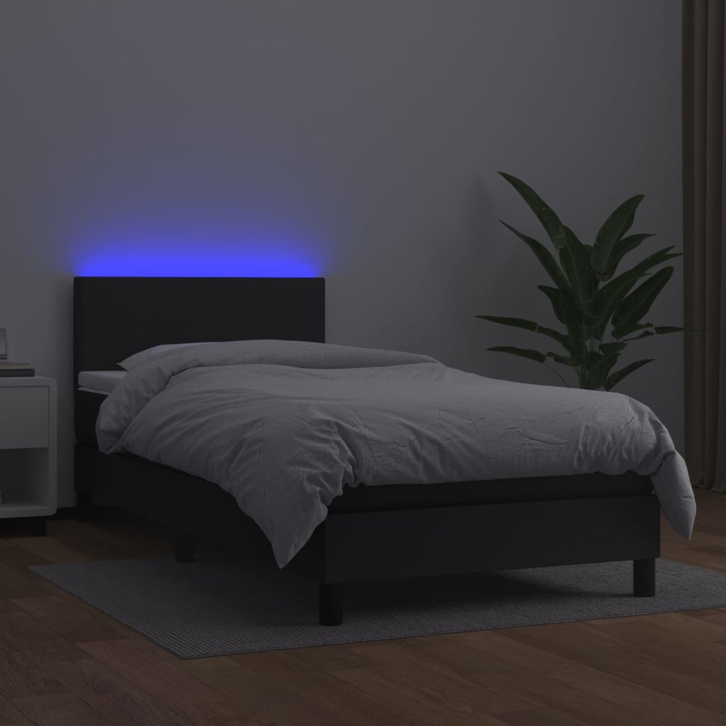 Κρεβάτι Boxspring με Στρώμα & LED Μαύρο 90x190 εκ. Συνθ. Δέρμα
