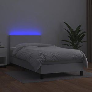 Κρεβάτι Boxspring με Στρώμα & LED Λευκό 90x190 εκ. Συνθ. Δέρμα