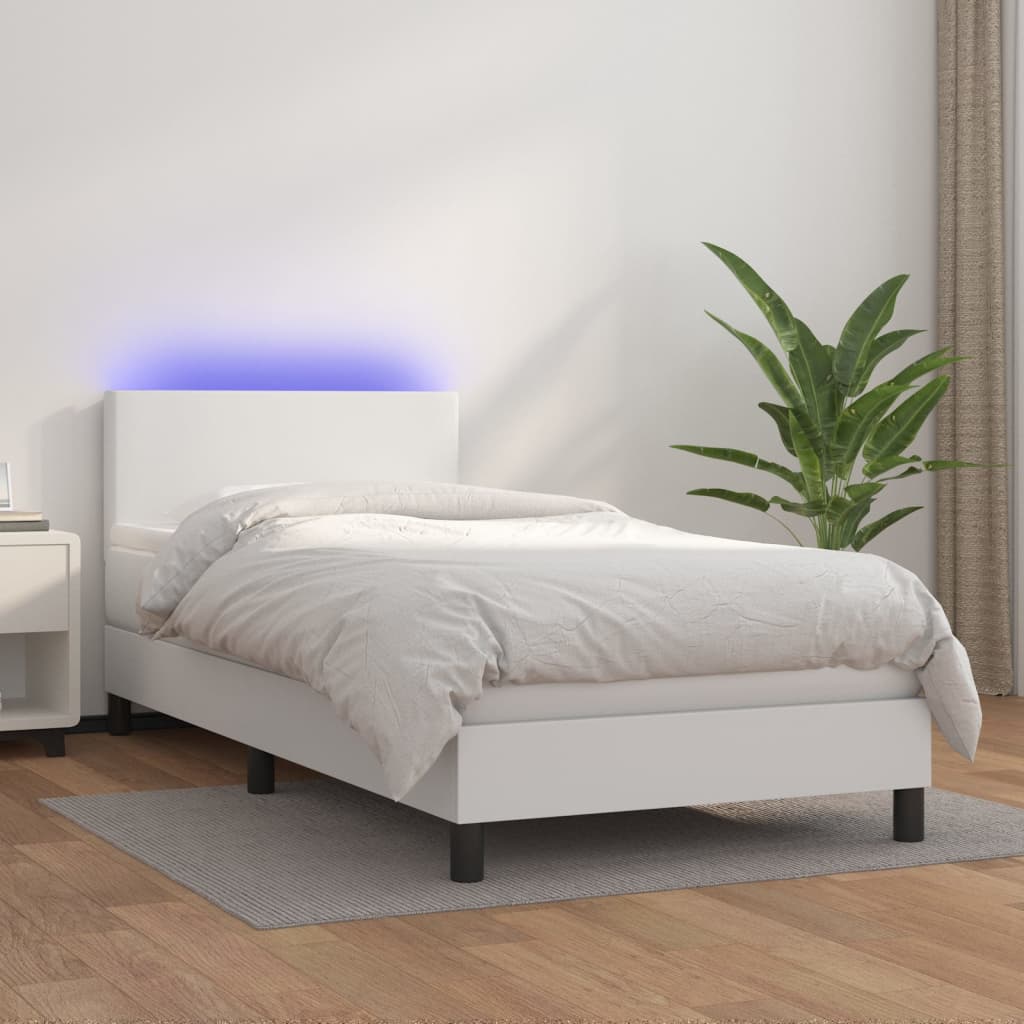 Κρεβάτι Boxspring με Στρώμα & LED Λευκό 90x190 εκ. Συνθ. Δέρμα