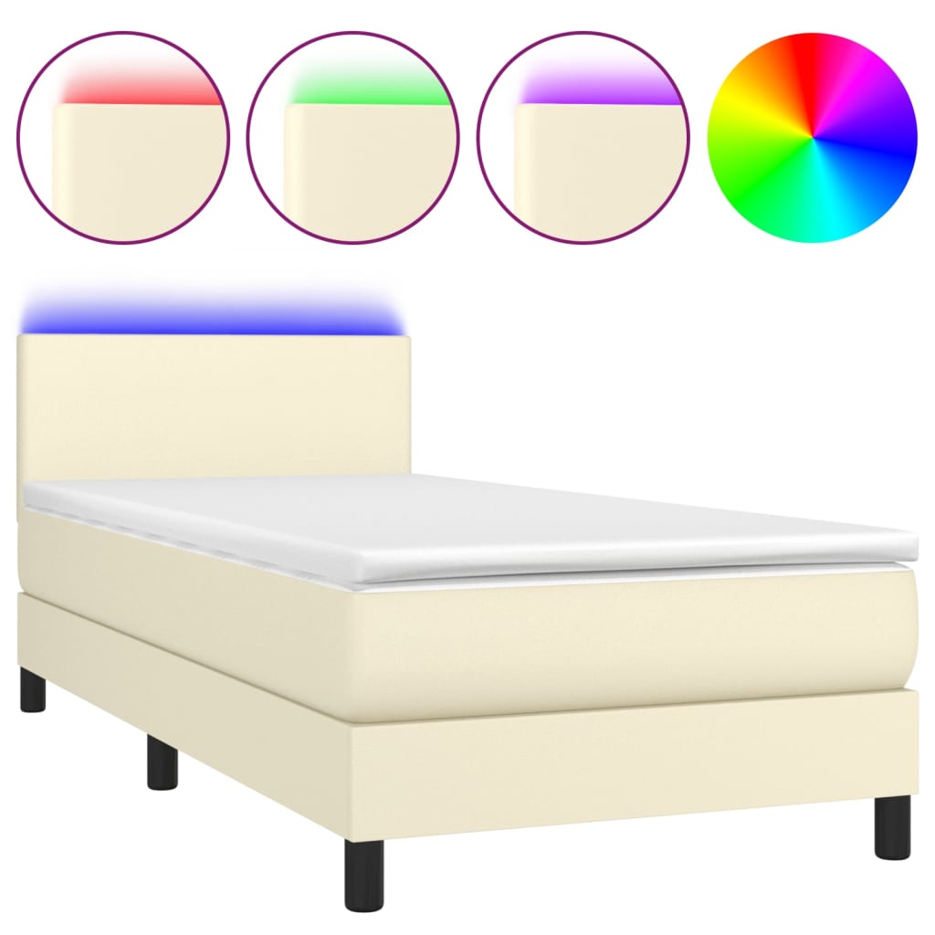 Κρεβάτι Boxspring με Στρώμα & LED Κρεμ 90x190 εκ. Συνθ. Δέρμα - Pakobazaar