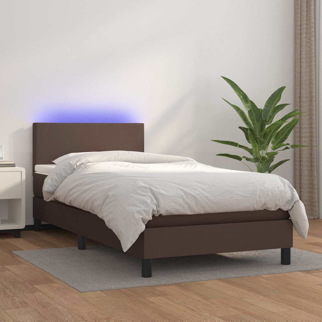 Κρεβάτι Boxspring με Στρώμα & LED Καφέ 90x190 εκ. Συνθ. Δέρμα
