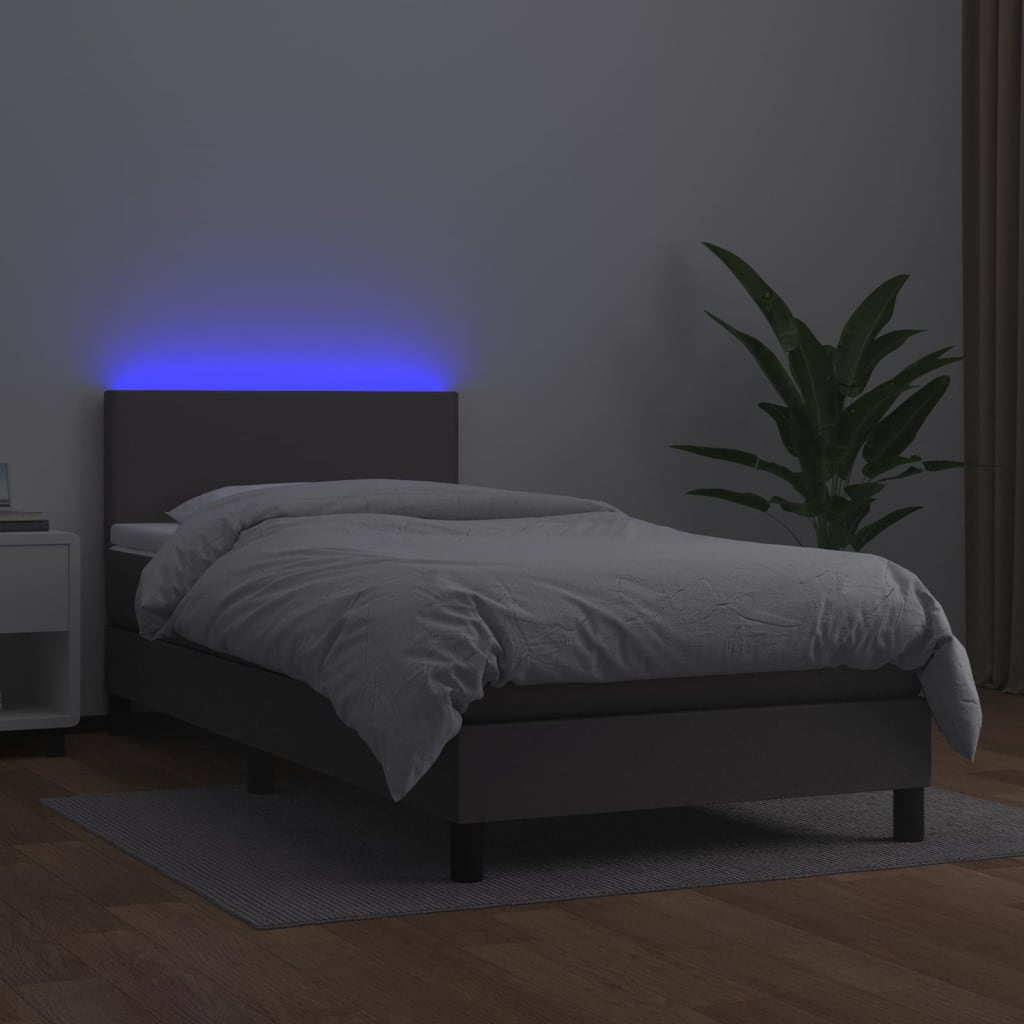 Κρεβάτι Boxspring με Στρώμα & LED Γκρι 90x190 εκ. Συνθ. Δέρμα