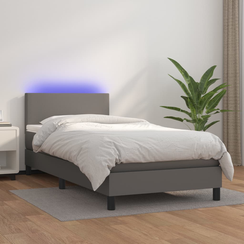 Κρεβάτι Boxspring με Στρώμα & LED Γκρι 90x190 εκ. Συνθ. Δέρμα