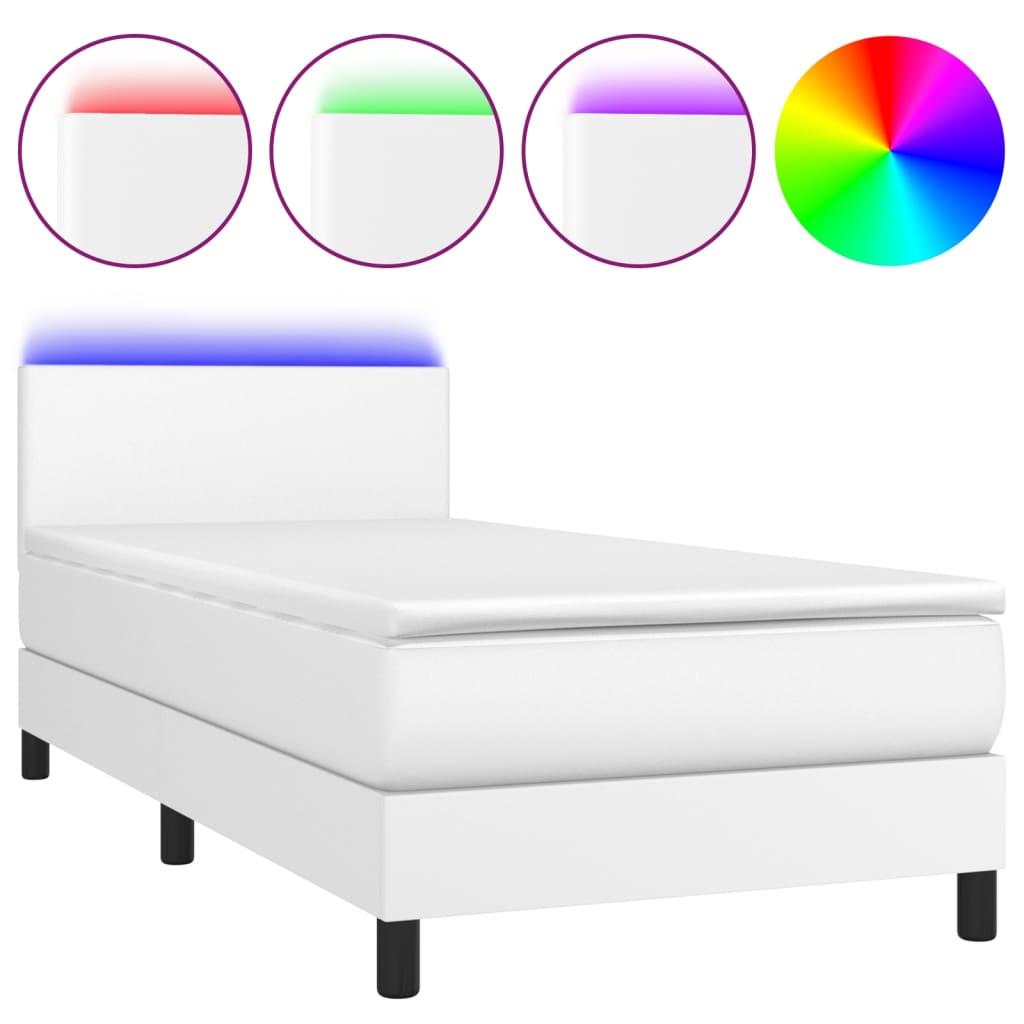 Κρεβάτι Boxspring με Στρώμα & LED Λευκό 90x200 εκ. Συνθ. Δέρμα