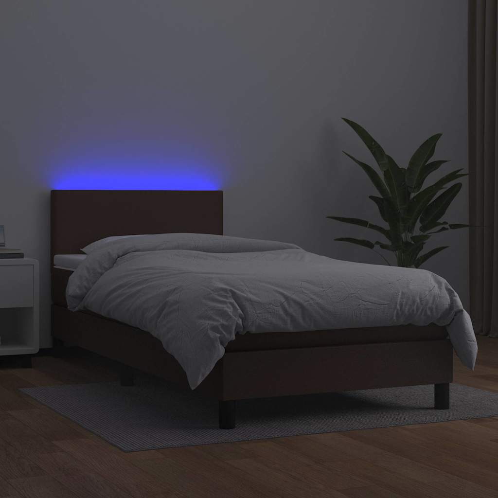 Κρεβάτι Boxspring με Στρώμα & LED Καφέ 90x200 εκ. Συνθ. Δέρμα