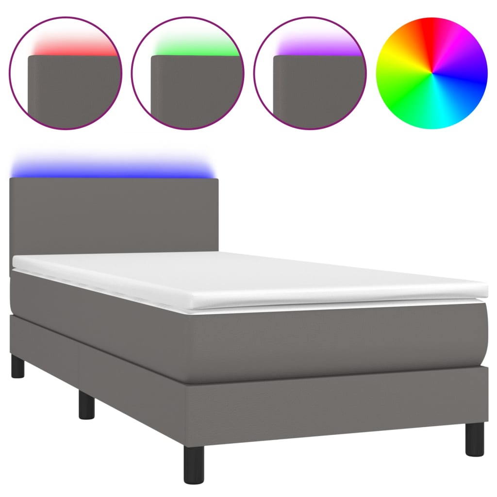 Κρεβάτι Boxspring με Στρώμα & LED Γκρι 90x200 εκ. Συνθ. Δέρμα