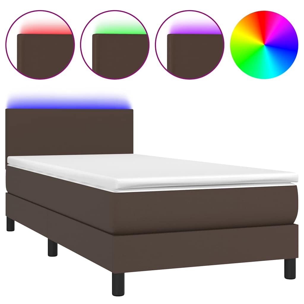 Κρεβάτι Boxspring με Στρώμα & LED Καφέ 100x200 εκ. Συνθ. Δέρμα - Pakobazaar
