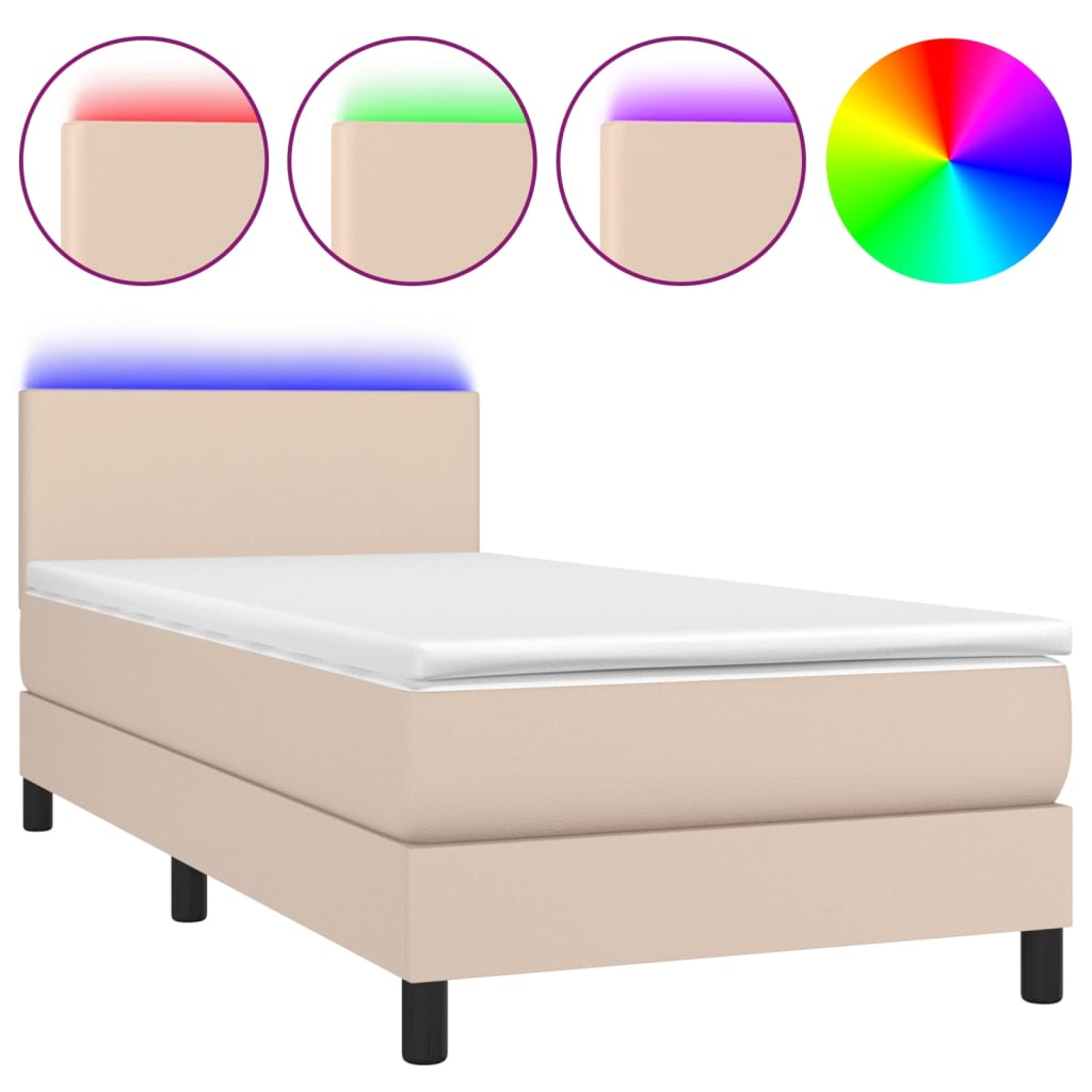 Κρεβάτι Boxspring Στρώμα&LED Καπουτσίνο 100x200 εκ. Συνθ. Δέρμα