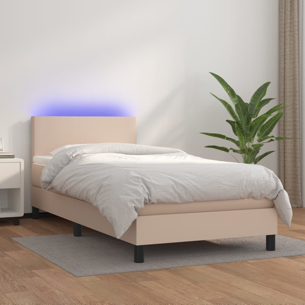 Κρεβάτι Boxspring Στρώμα&LED Καπουτσίνο 100x200 εκ. Συνθ. Δέρμα