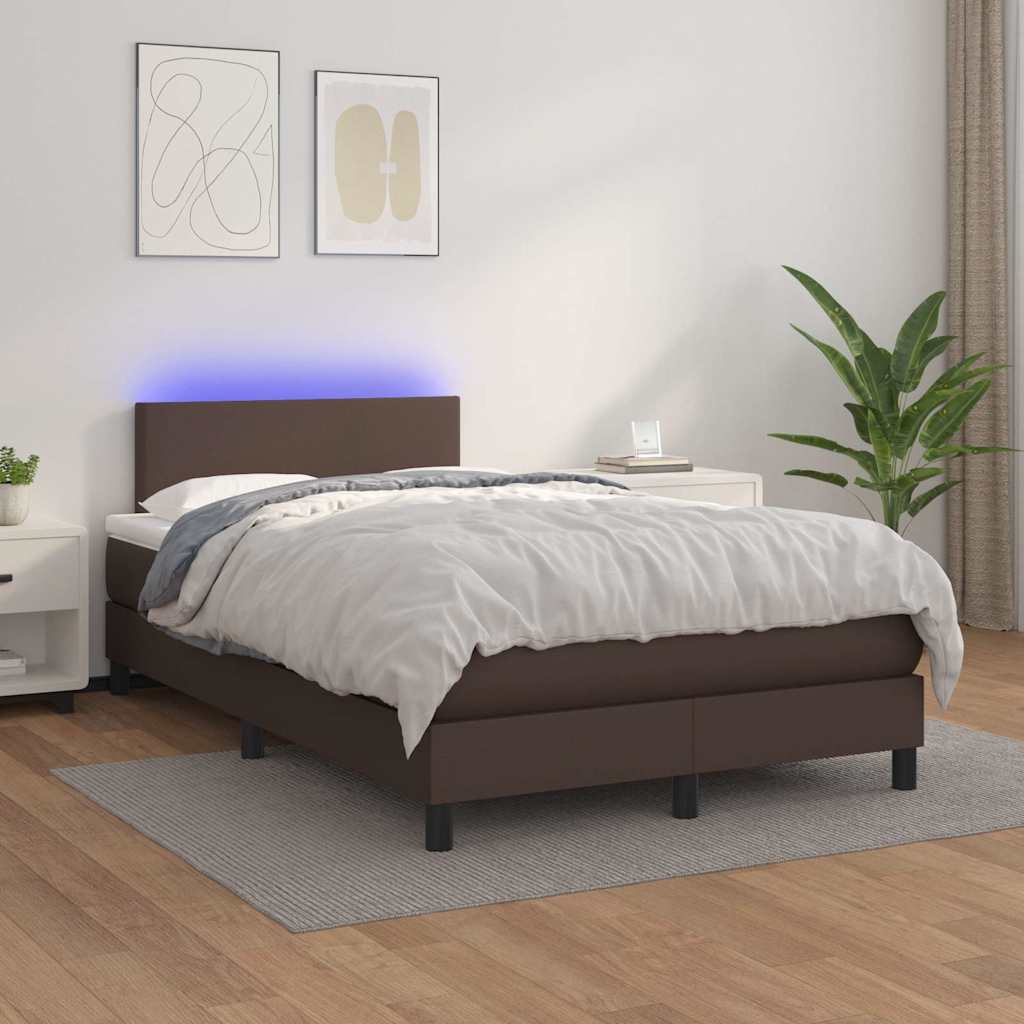 Κρεβάτι Boxspring με Στρώμα & LED Καφέ 120x200 εκ. Συνθ. Δέρμα