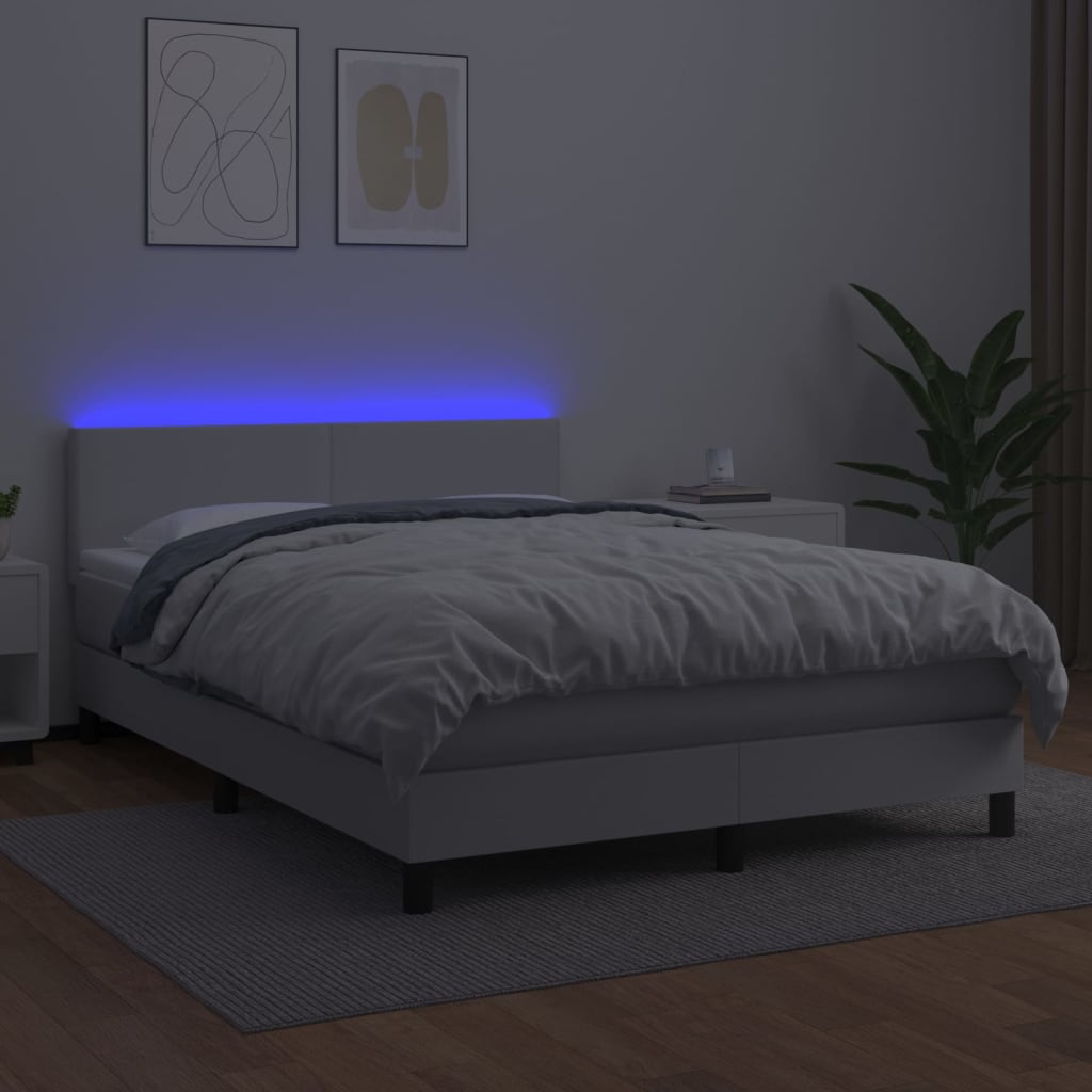Κρεβάτι Boxspring με Στρώμα & LED Λευκό 140x190 εκ. Συνθ. Δέρμα