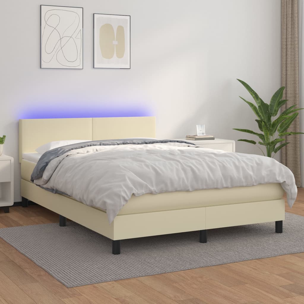 Κρεβάτι Boxspring με Στρώμα & LED Κρεμ 140x190 εκ. Συνθ. Δέρμα - Pakobazaar