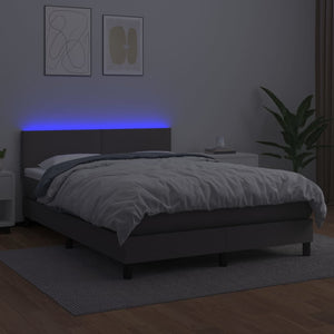 Κρεβάτι Boxspring με Στρώμα & LED Γκρι 140x190 εκ. Συνθ. Δέρμα
