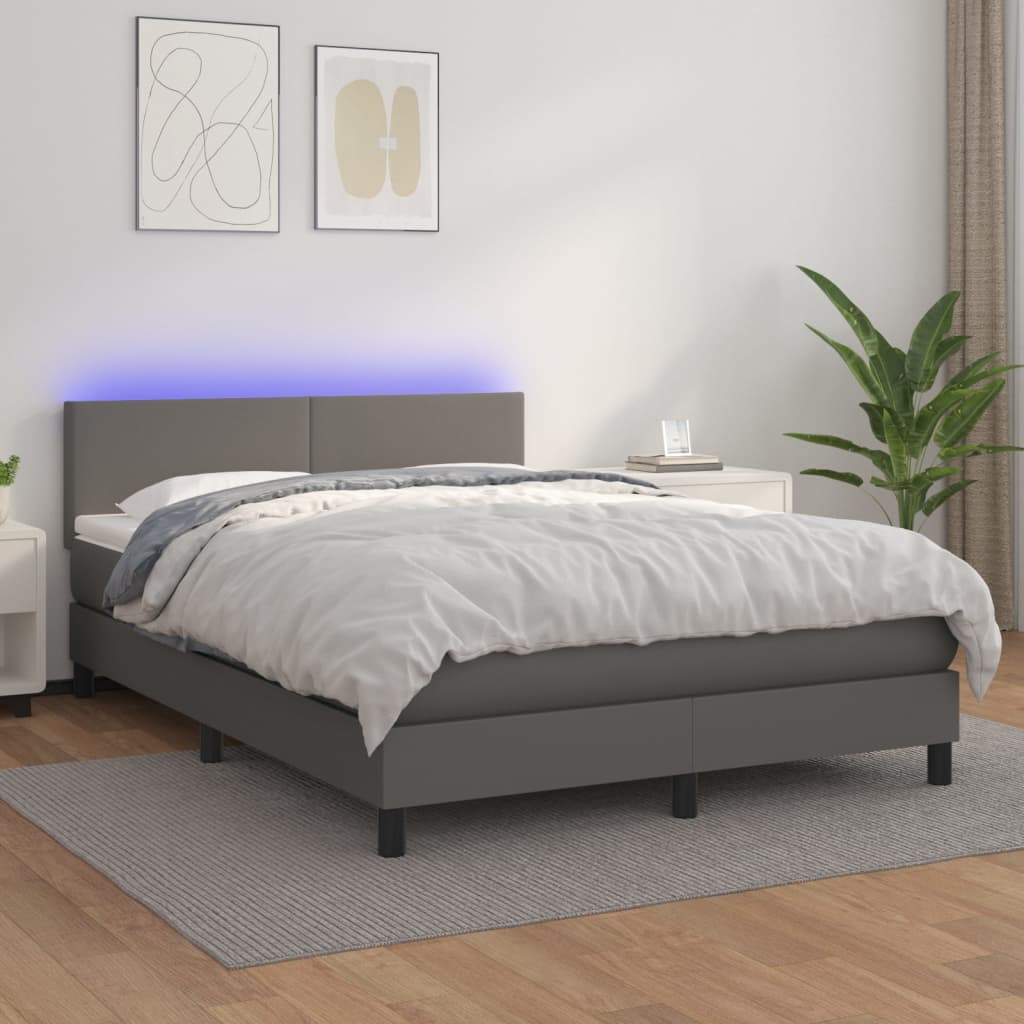 Κρεβάτι Boxspring με Στρώμα & LED Γκρι 140x190 εκ. Συνθ. Δέρμα