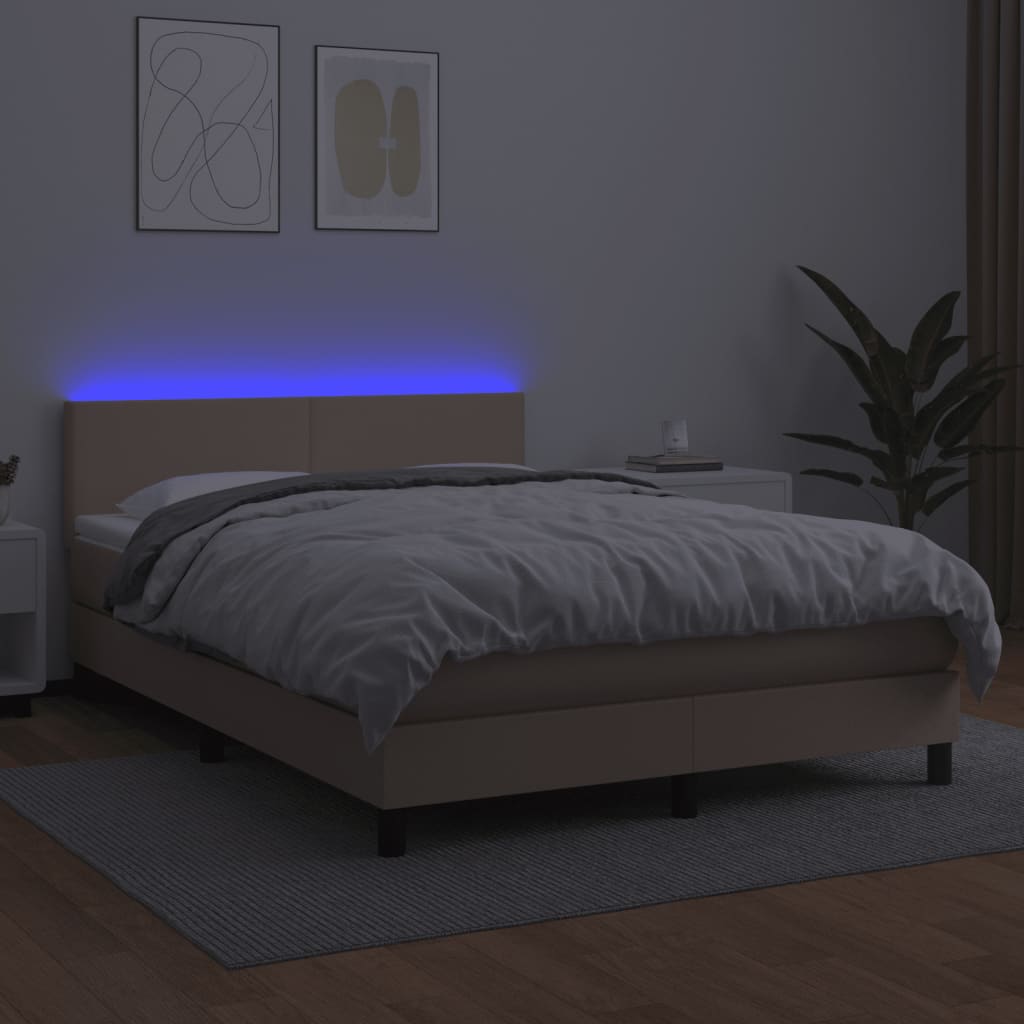 Κρεβάτι Boxspring Στρώμα&LED Καπουτσίνο 140x190 εκ. Συνθ. Δέρμα