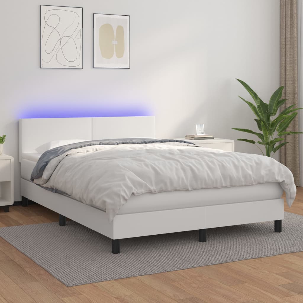 Κρεβάτι Boxspring με Στρώμα & LED Λευκό 140x200 εκ. Συνθ. Δέρμα