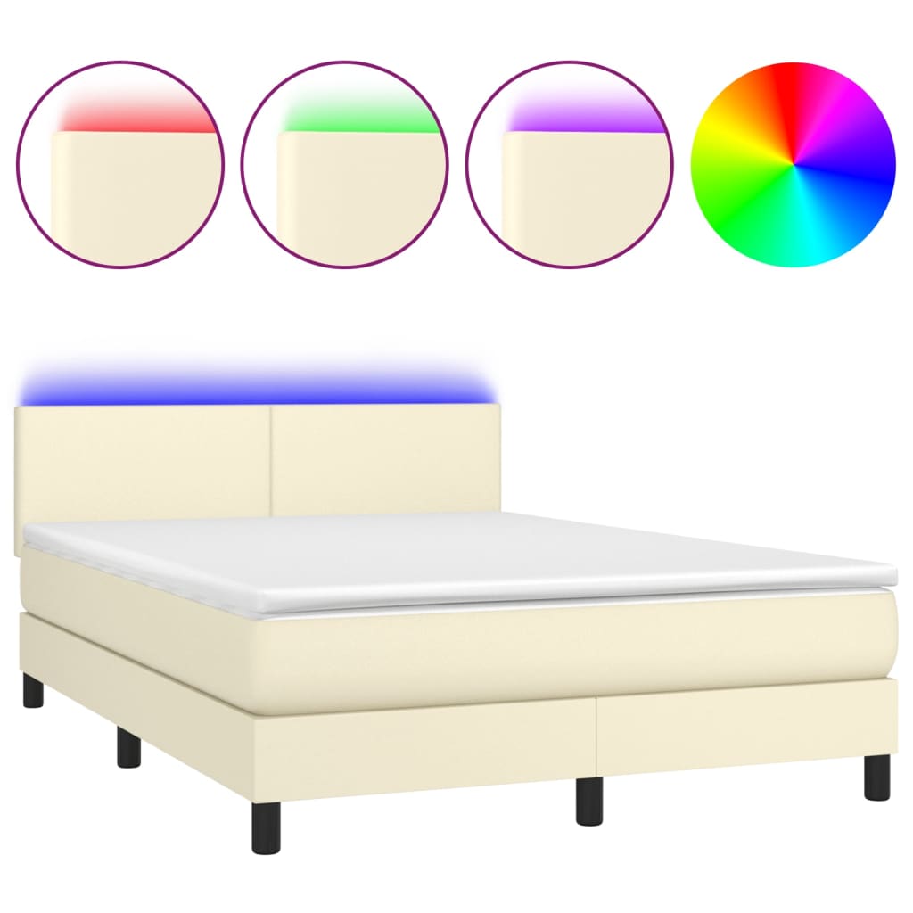 Κρεβάτι Boxspring με Στρώμα & LED Κρεμ 140x200 εκ. Συνθ. Δέρμα - Pakobazaar