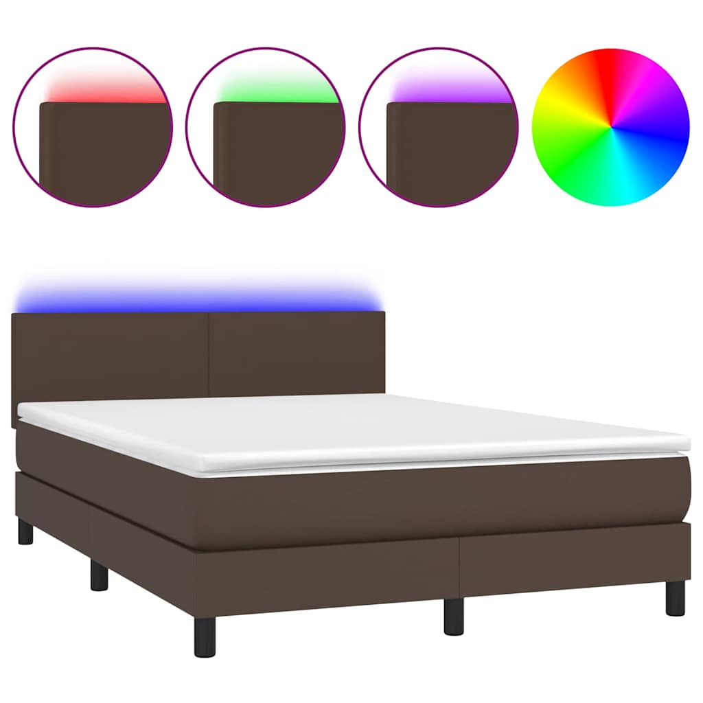 Κρεβάτι Boxspring με Στρώμα & LED Καφέ 140x200 εκ. Συνθ. Δέρμα - Pakobazaar