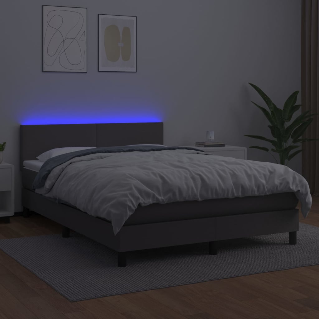 Κρεβάτι Boxspring με Στρώμα & LED Γκρι 140x200 εκ. Συνθ. Δέρμα