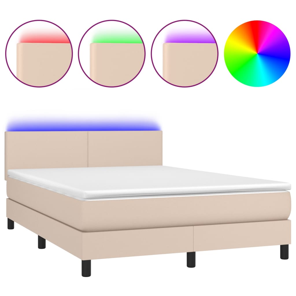 Κρεβάτι Boxspring Στρώμα&LED Καπουτσίνο 140x200 εκ. Συνθ. Δέρμα - Pakobazaar