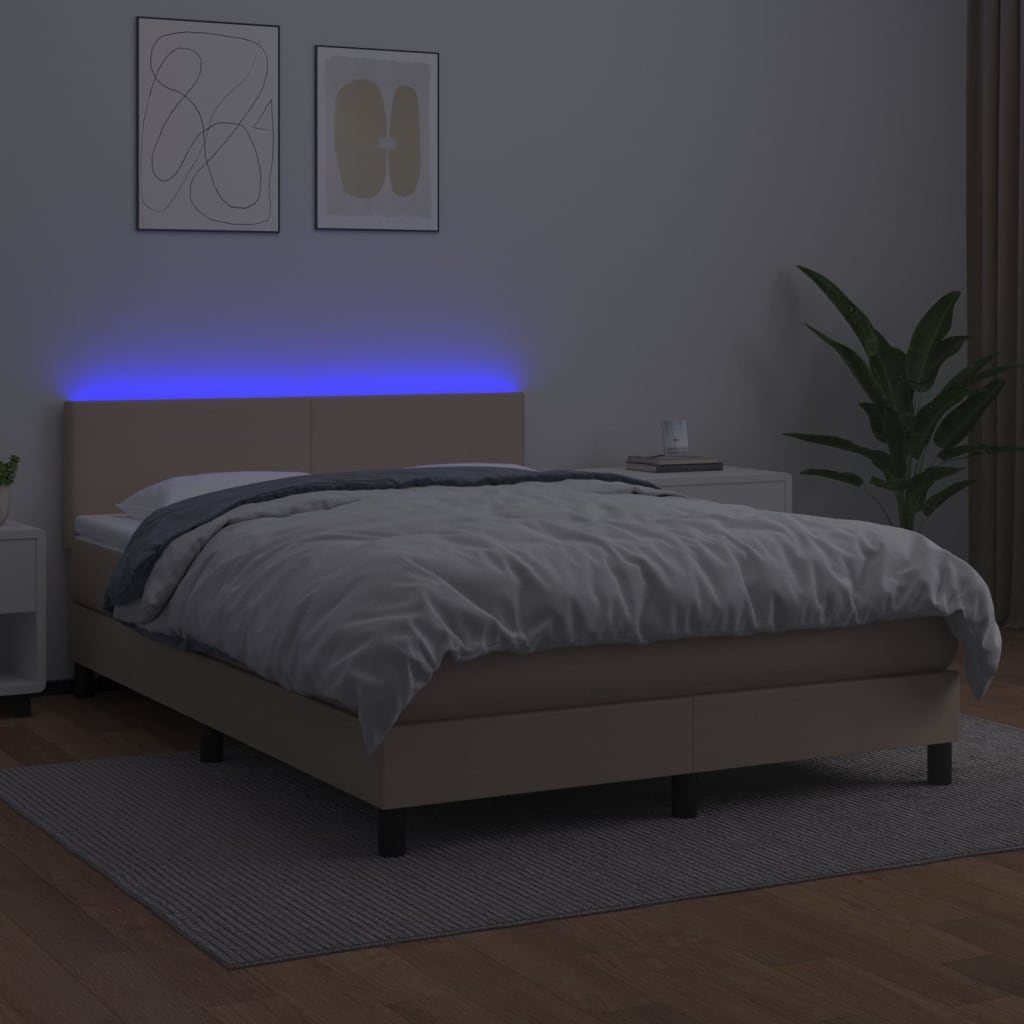 Κρεβάτι Boxspring Στρώμα&LED Καπουτσίνο 140x200 εκ. Συνθ. Δέρμα - Pakobazaar