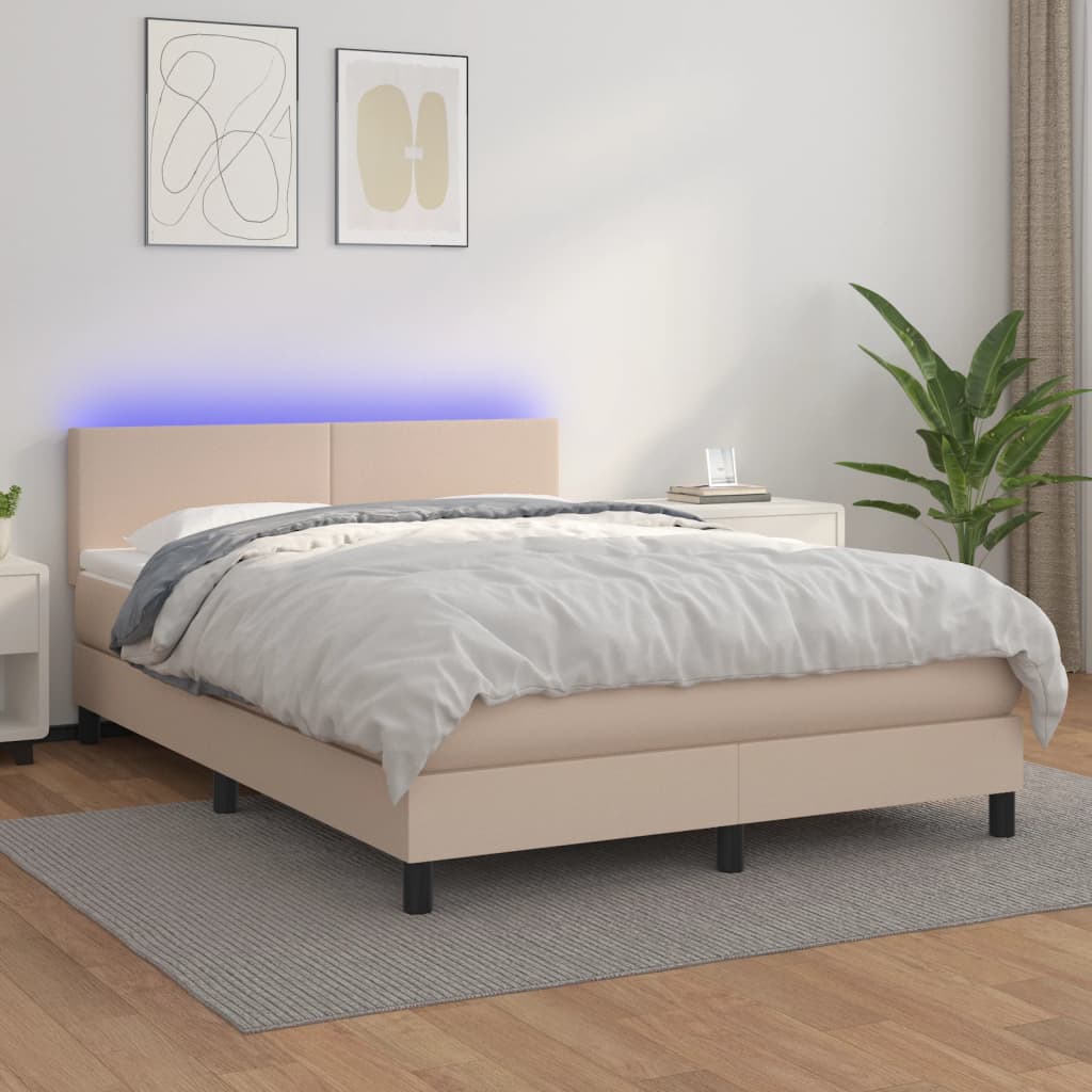 Κρεβάτι Boxspring Στρώμα&LED Καπουτσίνο 140x200 εκ. Συνθ. Δέρμα - Pakobazaar