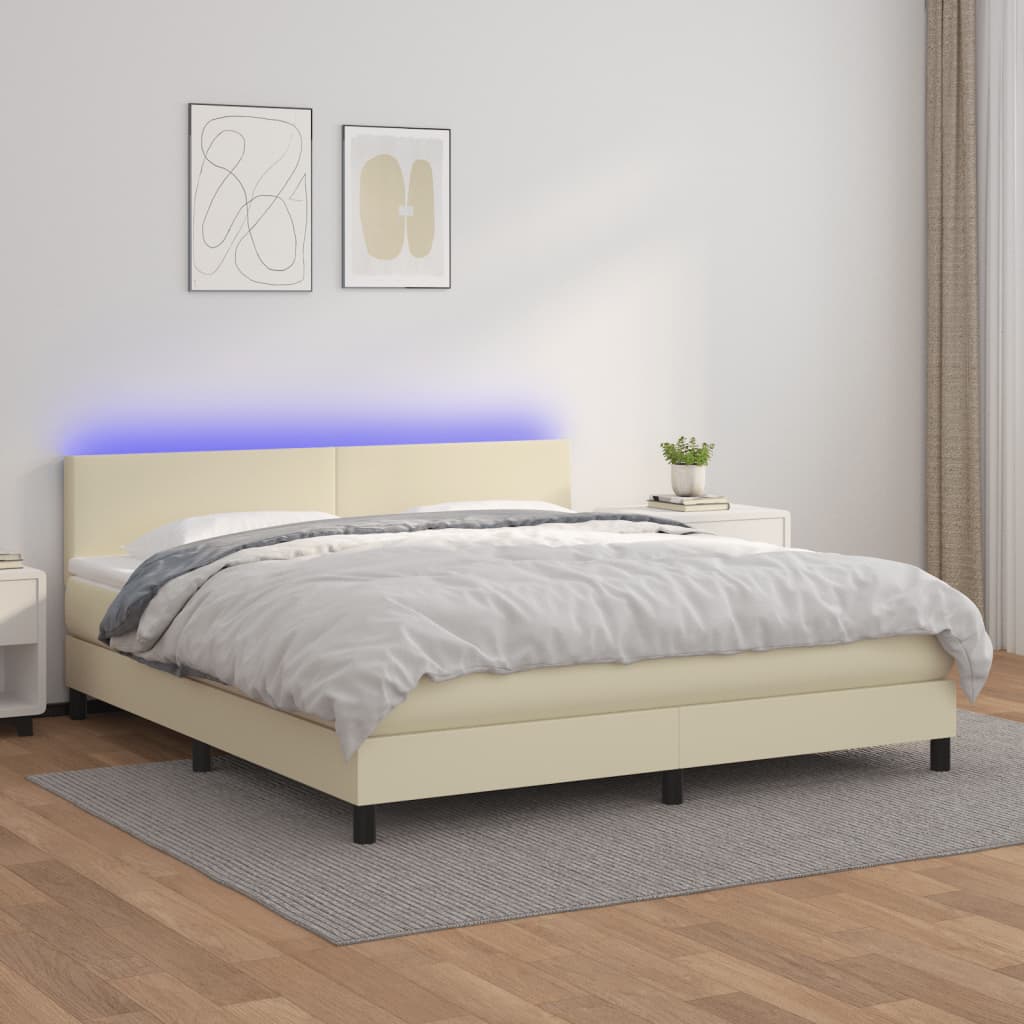 Κρεβάτι Boxspring με Στρώμα & LED Κρεμ 160x200 εκ. Συνθ. Δέρμα - Pakobazaar