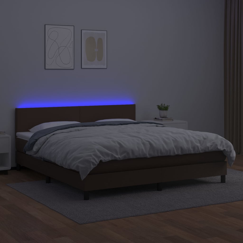 Κρεβάτι Boxspring με Στρώμα & LED Καφέ 160x200 εκ. Συνθ. Δέρμα
