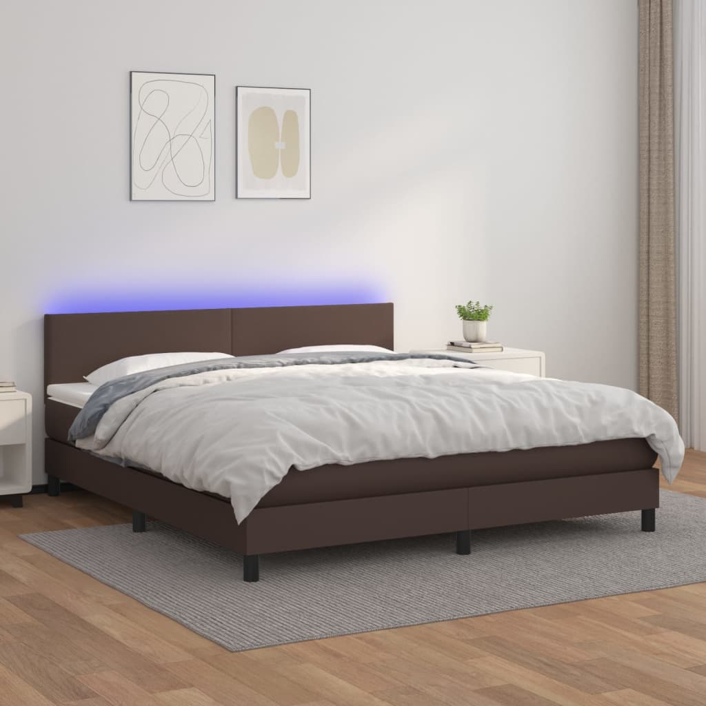 Κρεβάτι Boxspring με Στρώμα & LED Καφέ 160x200 εκ. Συνθ. Δέρμα