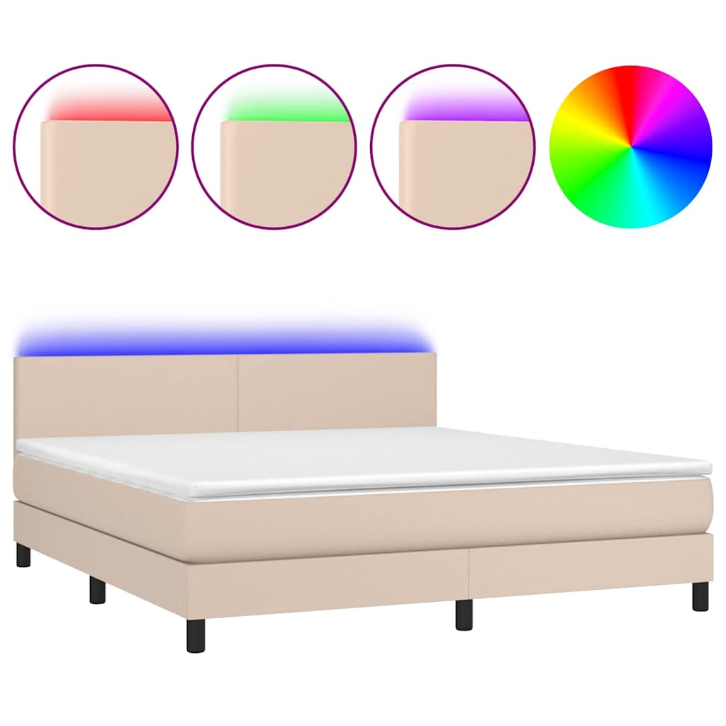 Κρεβάτι Boxspring Στρώμα&LED Καπουτσίνο 160x200 εκ. Συνθ. Δέρμα