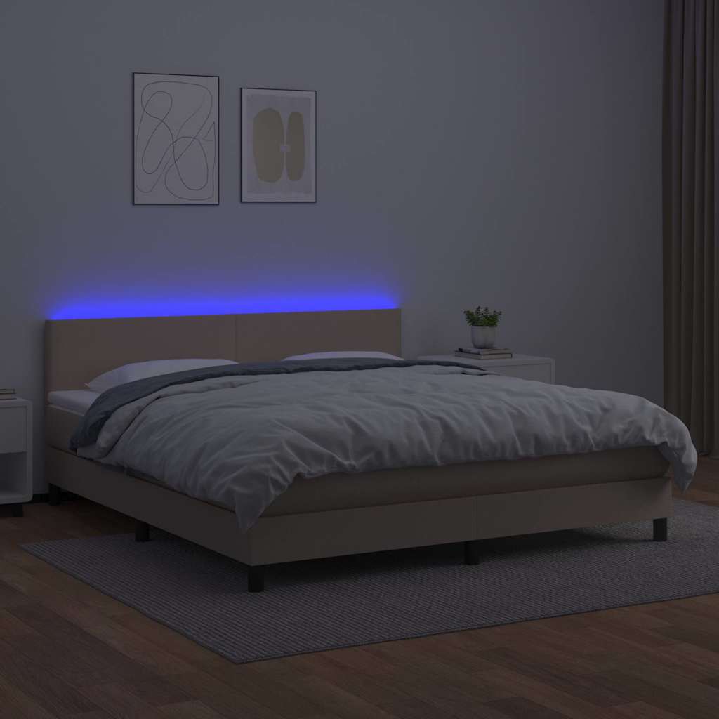 Κρεβάτι Boxspring Στρώμα&LED Καπουτσίνο 160x200 εκ. Συνθ. Δέρμα