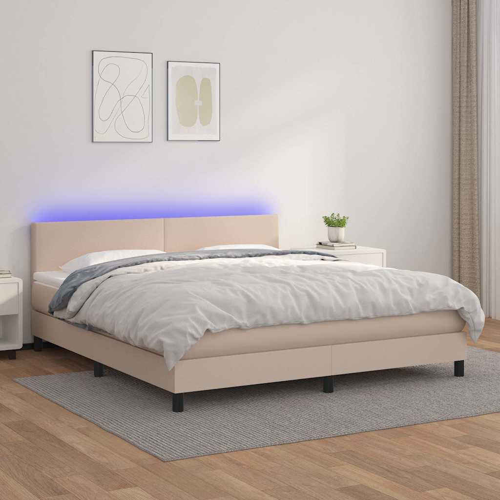 Κρεβάτι Boxspring Στρώμα&LED Καπουτσίνο 160x200 εκ. Συνθ. Δέρμα
