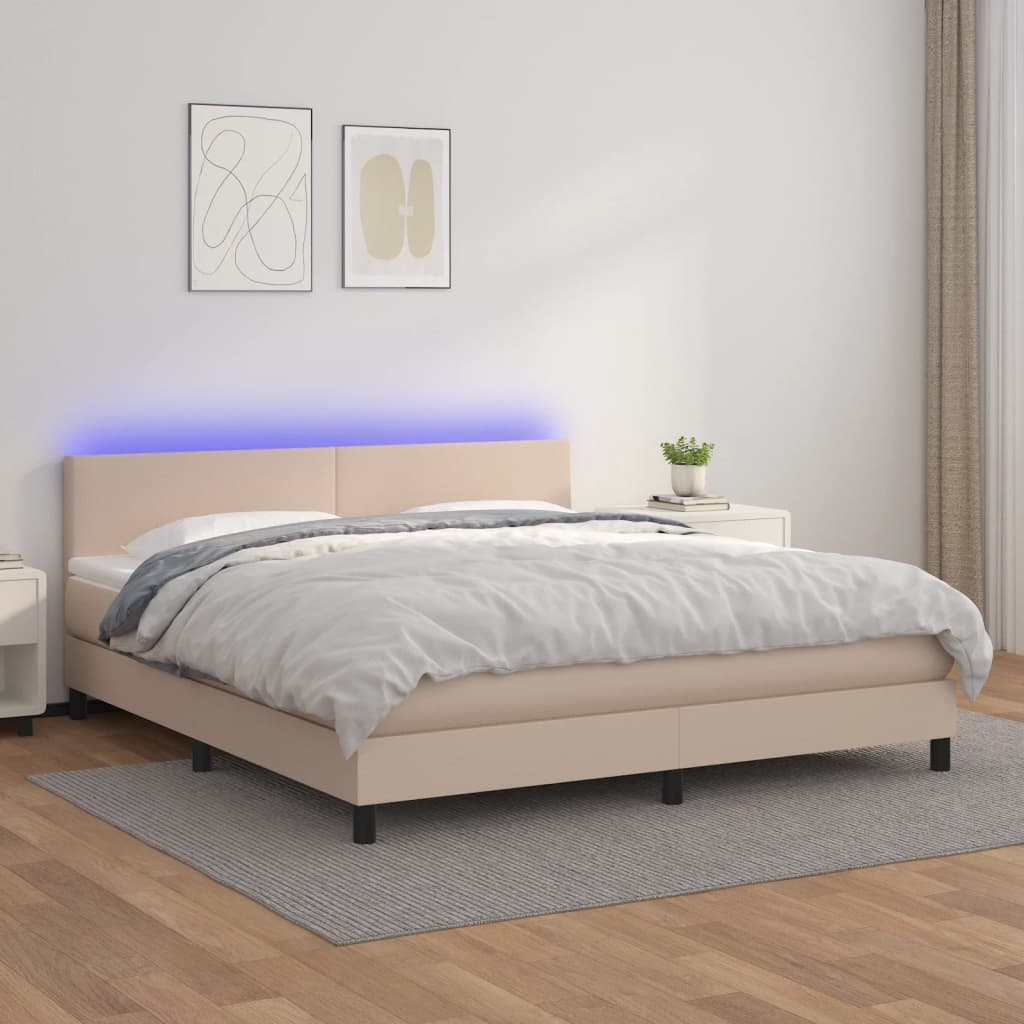 Κρεβάτι Boxspring Στρώμα&LED Καπουτσίνο 160x200 εκ. Συνθ. Δέρμα