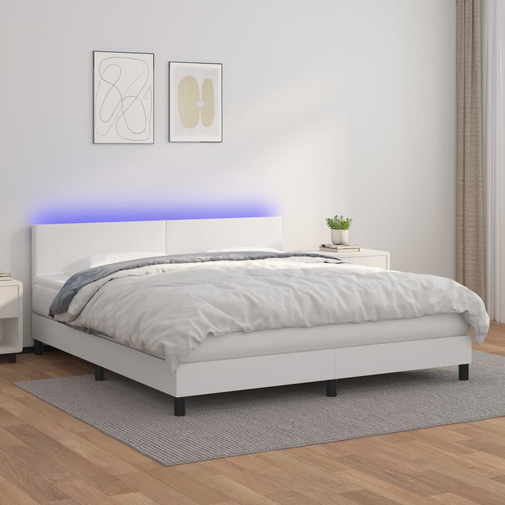 Κρεβάτι Boxspring με Στρώμα & LED Λευκό 180x200 εκ. Συνθ. Δέρμα