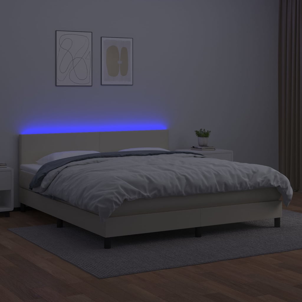 Κρεβάτι Boxspring με Στρώμα & LED Κρεμ 180x200 εκ. Συνθ. Δέρμα - Pakobazaar