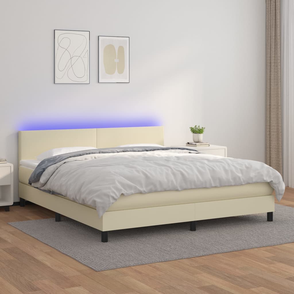 Κρεβάτι Boxspring με Στρώμα & LED Κρεμ 180x200 εκ. Συνθ. Δέρμα - Pakobazaar